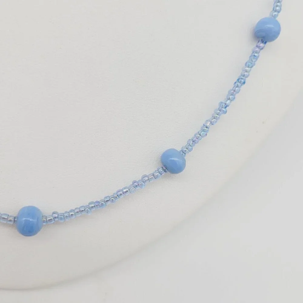 Blue Swirl Glass Beaded Necklace AB Seed Beads 20